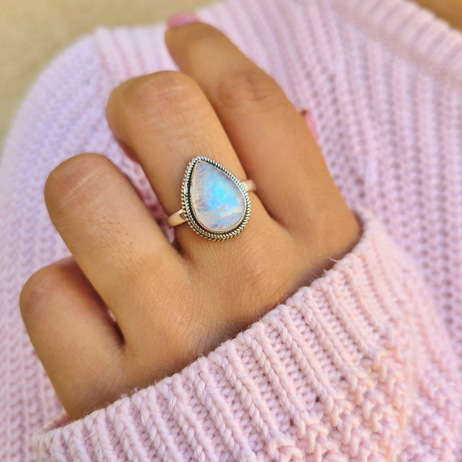 Genuine Moonstone 925 Sterling Silver Pear Shaped Ring Hand Made Ships From USA