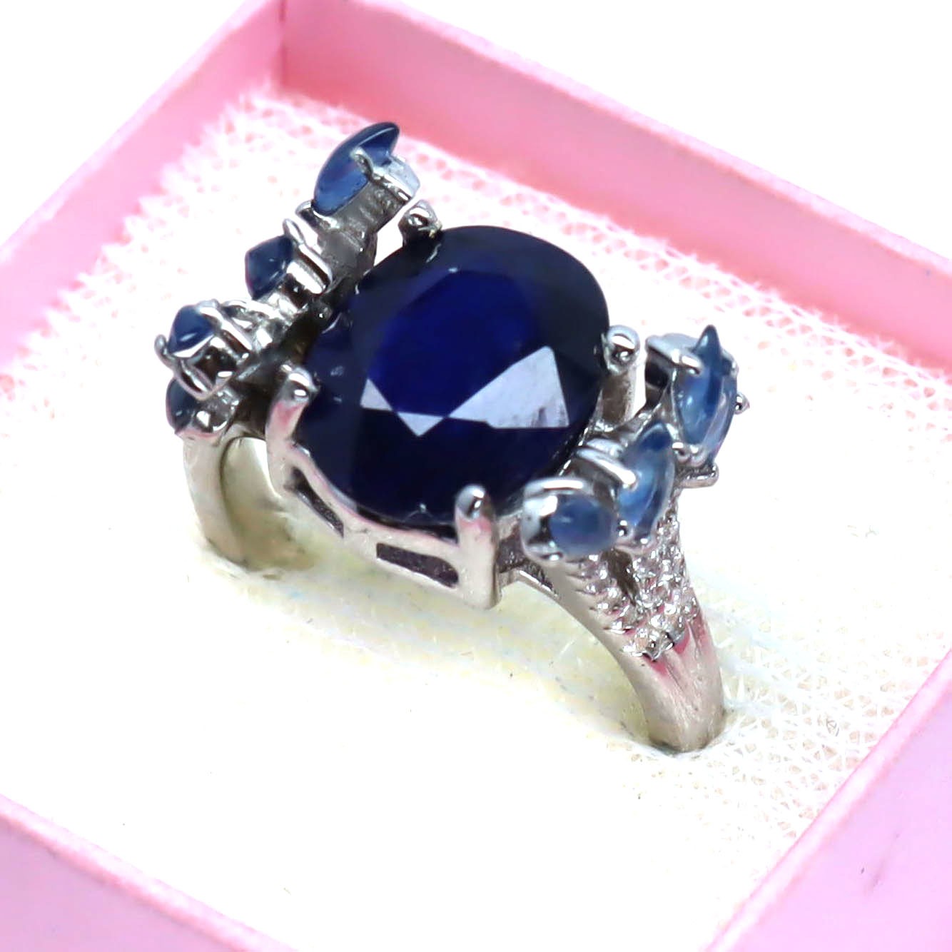 Natural Blue Sapphire Cubic Zirconia Ring 925 Sterling Silver Handmade Size 6