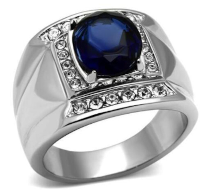 Mens Blue Oval Sim Sapphire 9x11mm w CZ Halo Stainless Steel Ring Sizes 12 or 13