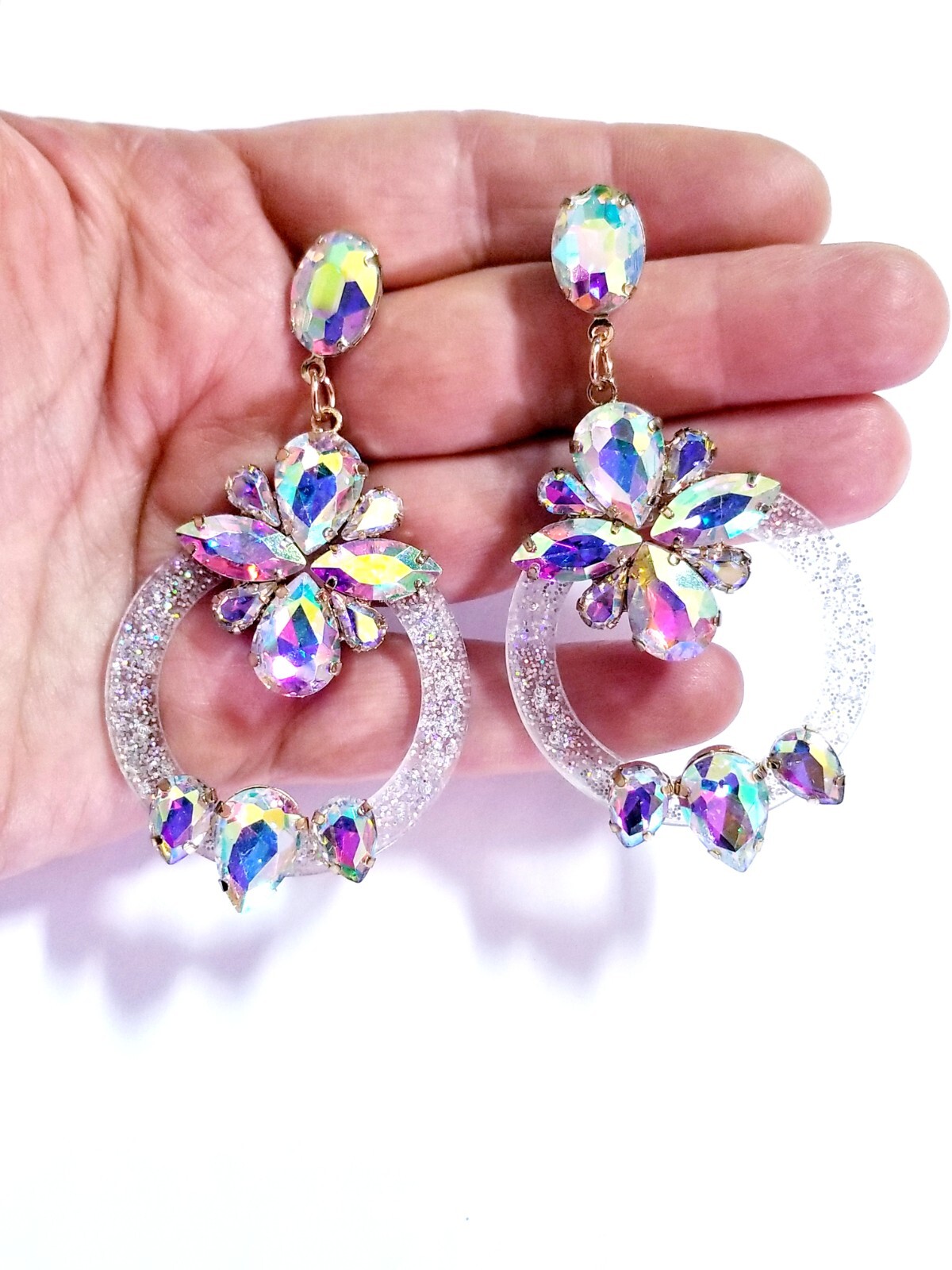 Drop Dangle Chandelier Earrings 3.3 inch AB Rhinestone Acrylic Hoop Pageant Prom