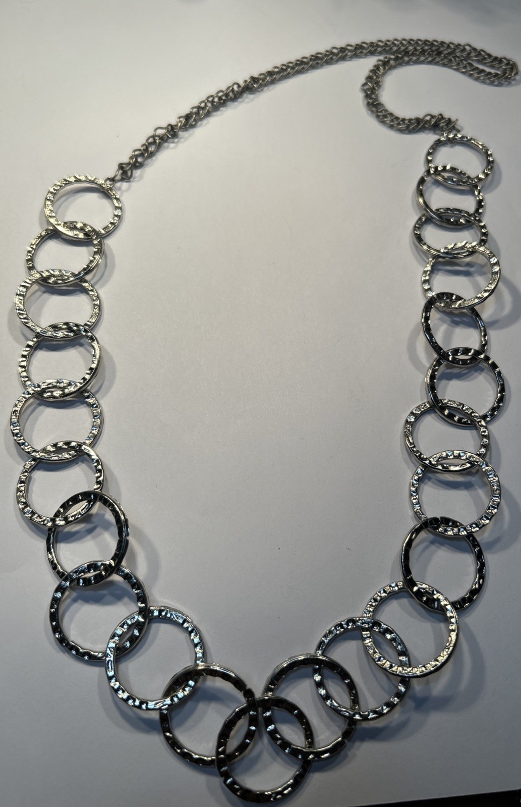 Women’s Silver Hoop Chains Necklace 28” Loops Circles Overhead No Clasp Wear NEW