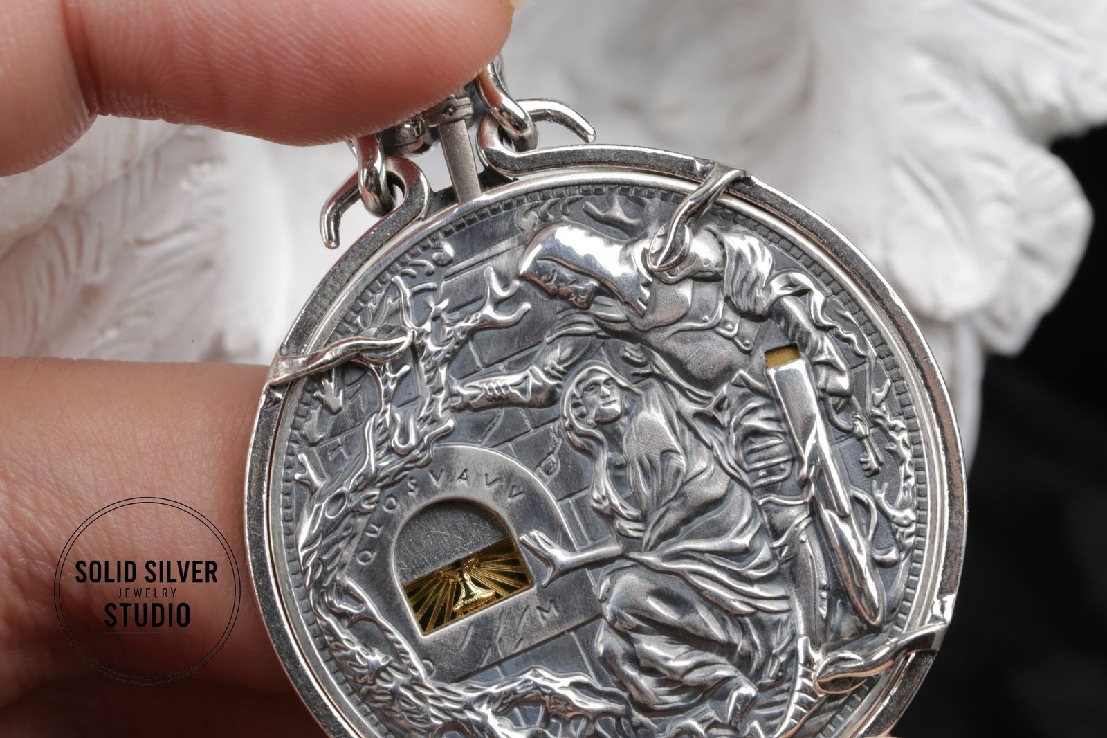 Solid S925 Sterling Silver Mechanical Hobo Coin Pendant Sword Holy Grail 40g
