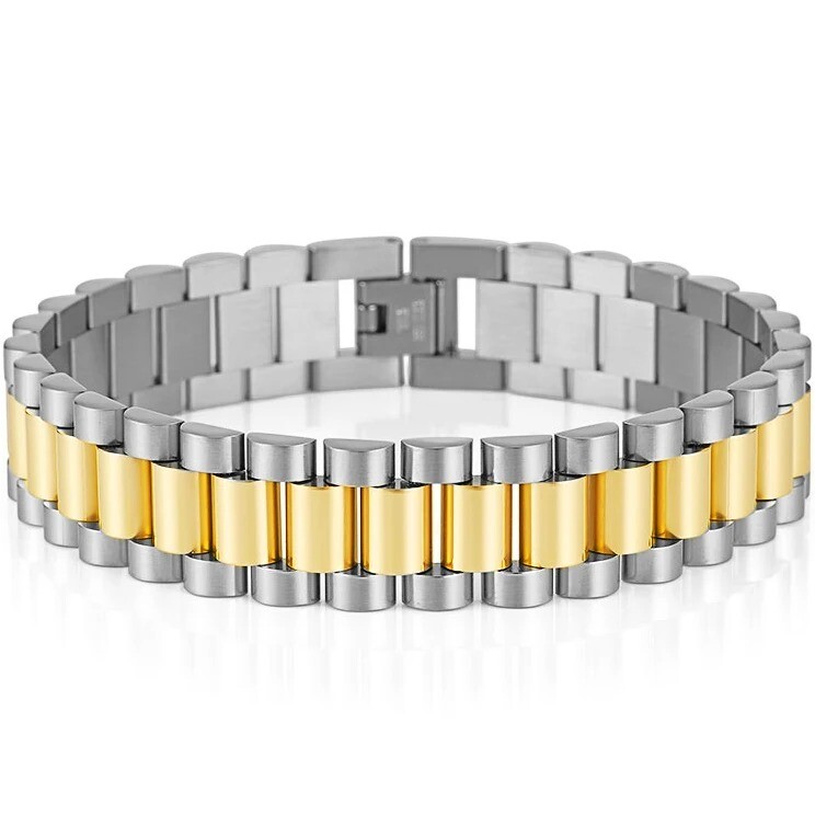 15MM Wide 8/8.86‘’ Watch Chain Wristband Bracelet Gold Plated Stainless Steel