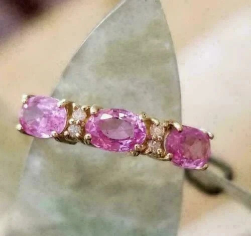 2.54 Ct Oval Cut Pink Sapphire & Diamond Ring 14k SOLID Yellow Gold