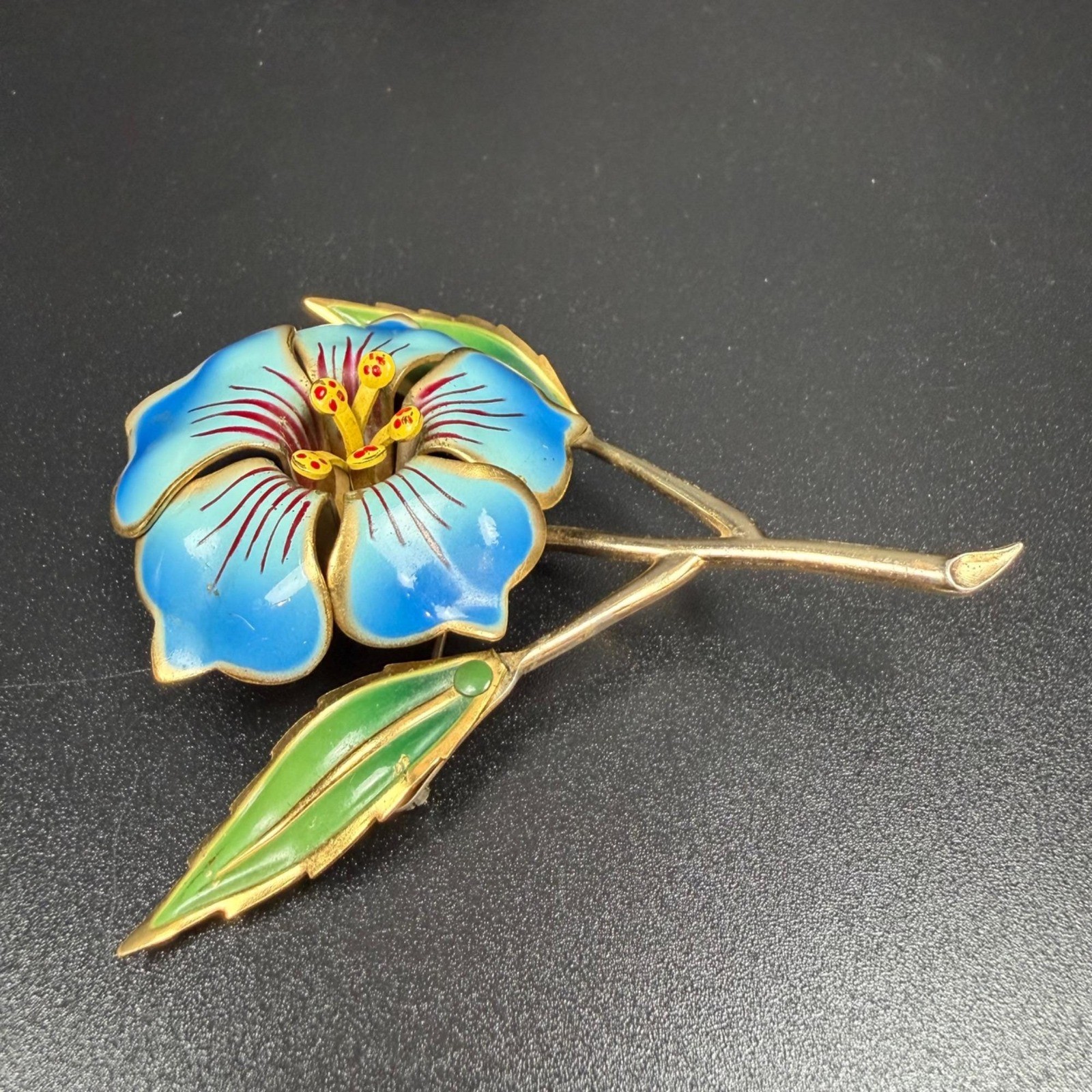 Vintage Blue Cold Painted Enamel Flower Brooch Gold Tone Statement Pin 3.75 In