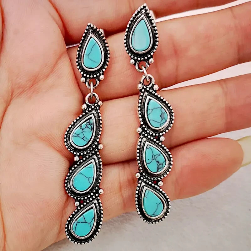 Boho Waterdrop Shape Turquoise Long Earrings 925 Silver Plated Vintage Jewelry