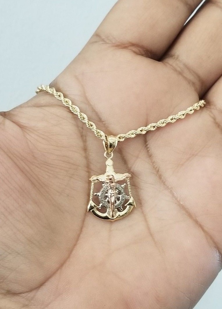 Real 10k Tri Tone Gold Anchor Jesus Cross Wheel Pendant Charm 20″ Rope Chain Set