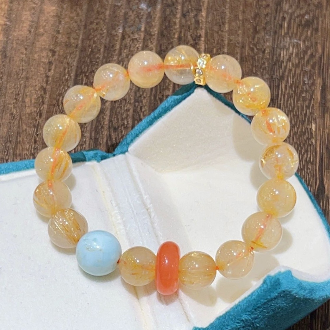 10mm Natural Golden Rutilated Quartz Larimar Original Design Handmade Bracelet