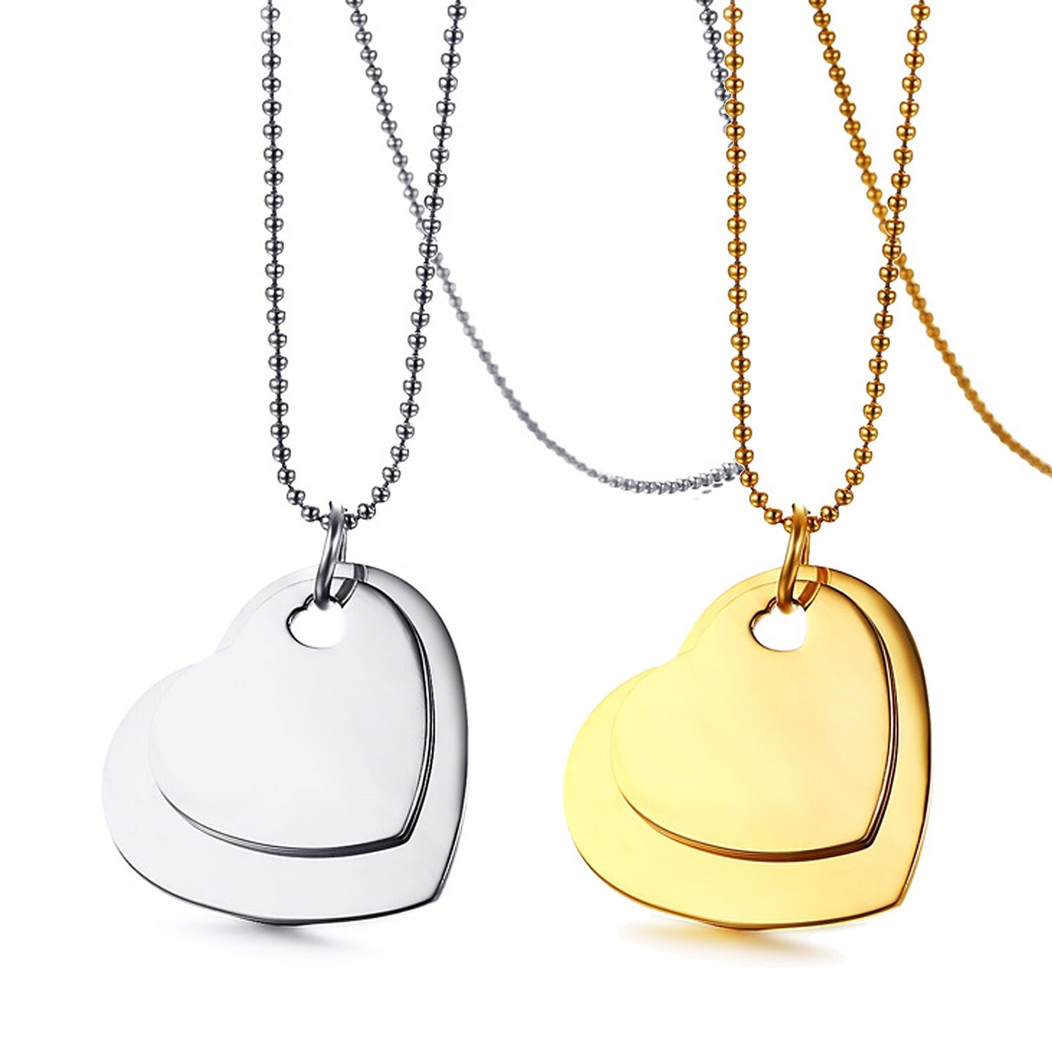 Engraved Stainless Steel Double Heart Pendant & Necklace Silver or Gold Plated