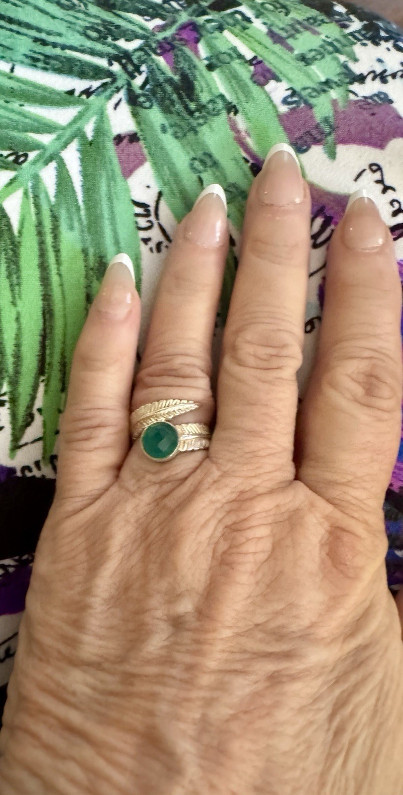 Sterling Silver 925 Green Faceted Stone Leaf Wrap Ring Boho Stunner Size 6.25