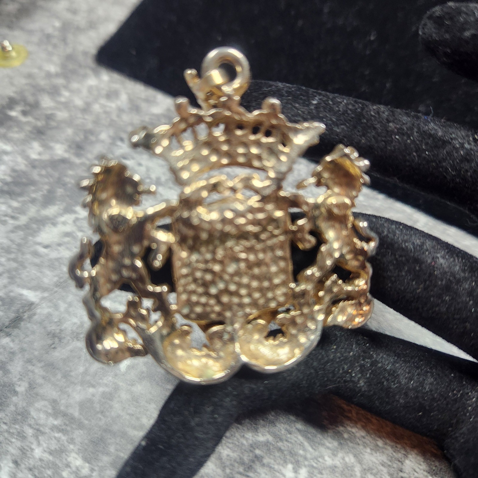 Vintage Heraldic Crest Lion Gold Tone Red White Enamel Coat of Arms Crown charm