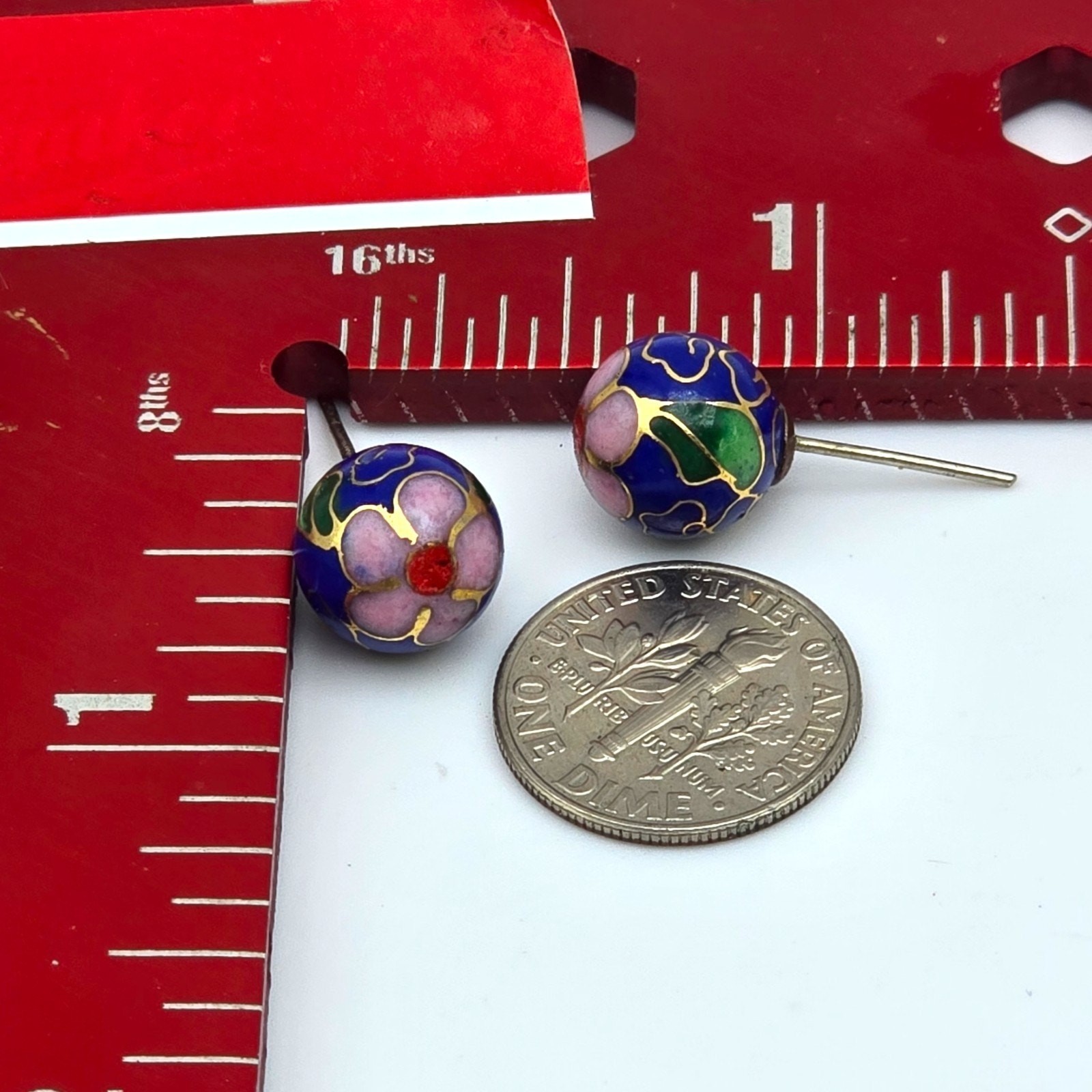 Vintage Earrings Cloisonne Ball Blue Pink Floral Enamel Pierced 70s Style SK3505