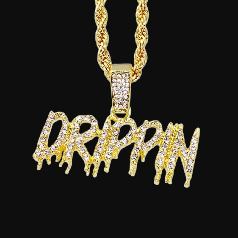 Iced Gold Plated DRIPPIN Letters CZ Pendant 4mm 24″ Rope Chain Hip Hop Necklace