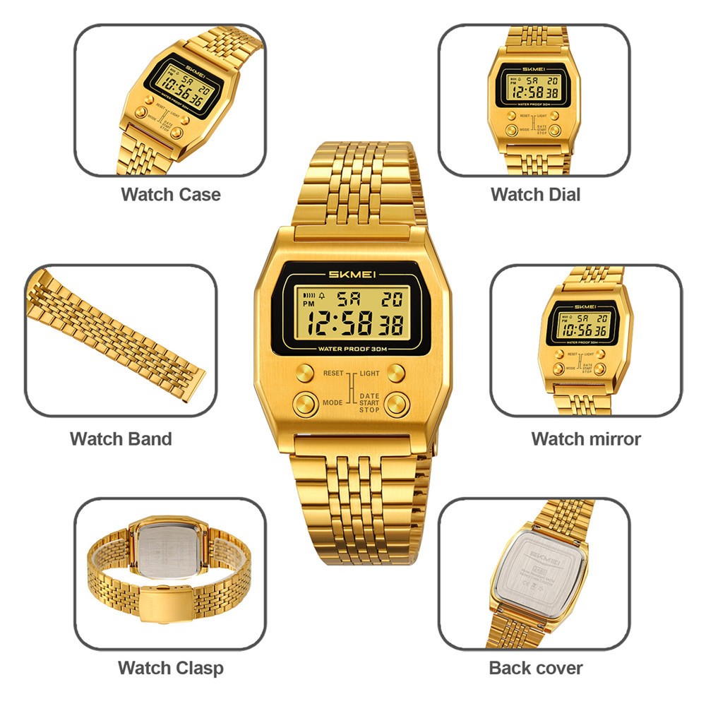 SKMEI Men Rectangle Watch Male Steel Wristwatch Boys Digital LED Display Watches