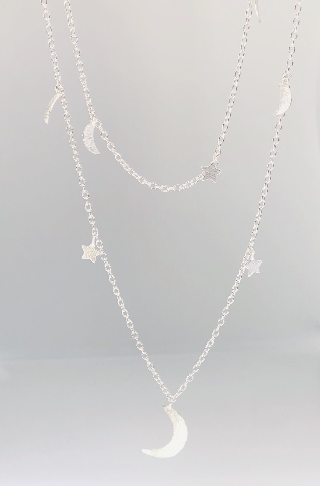 925 Sterling Silver Long Necklace With Noon Stars Brush Matte Finish