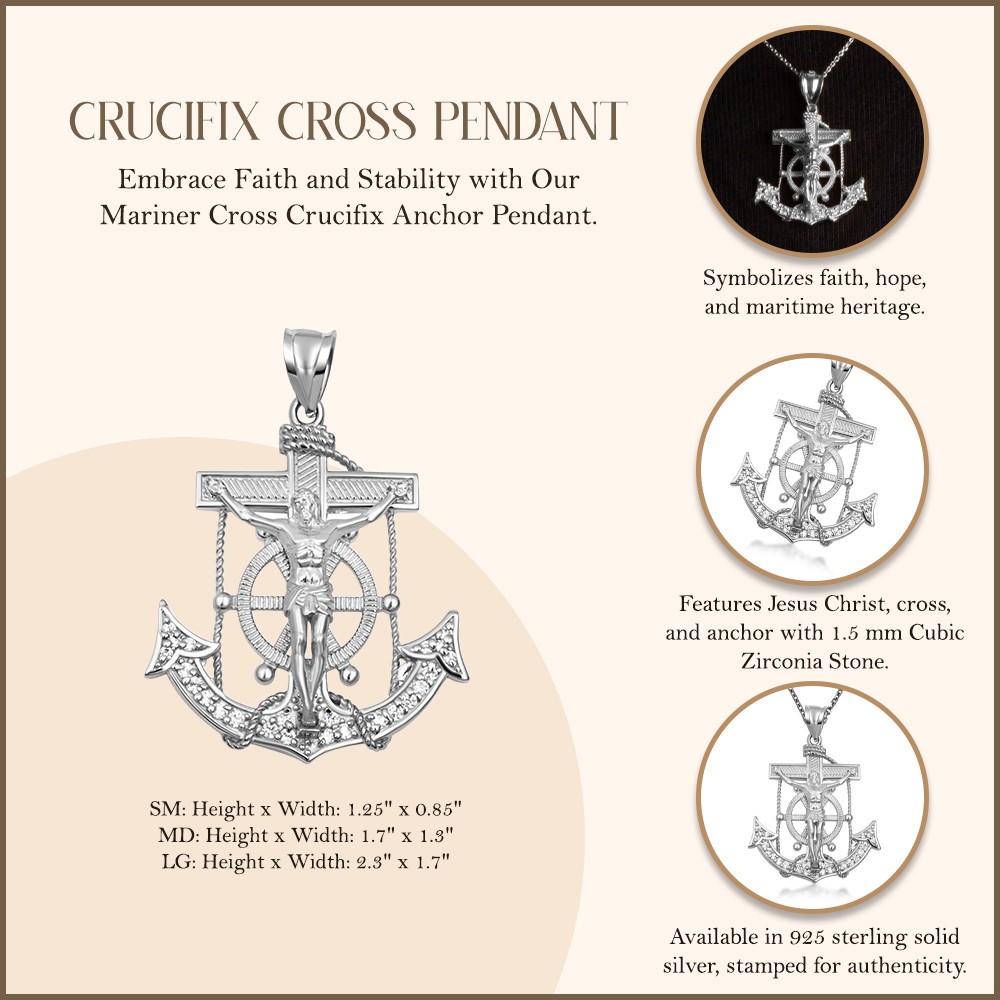 .925 Sterling Silver Studded Mariner Cross Crucifix Anchor Jesus Christ Pendant