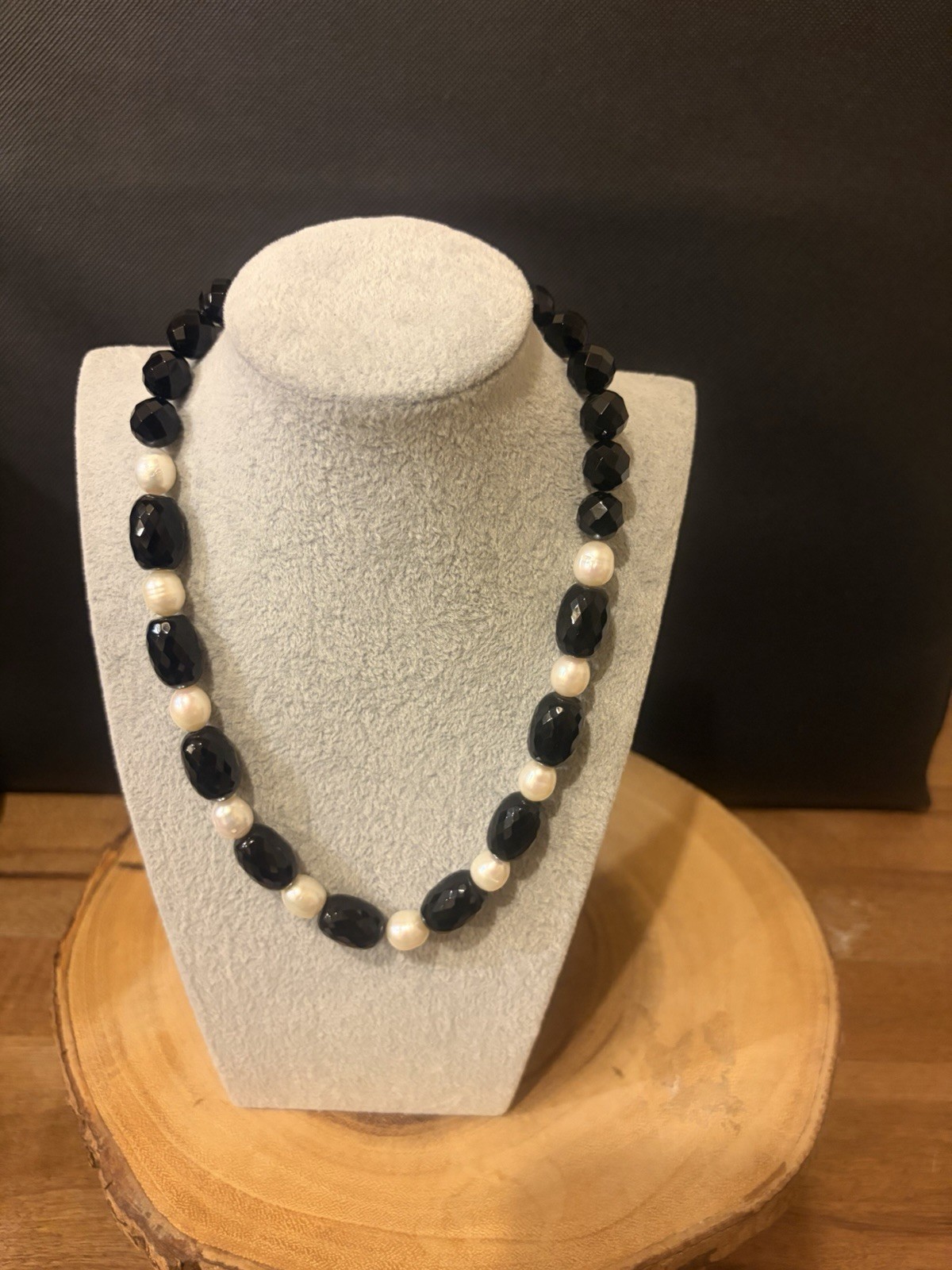 Black Onyx & White Pearl Beaded Necklace, Silver Metal, Adjustable Lobster