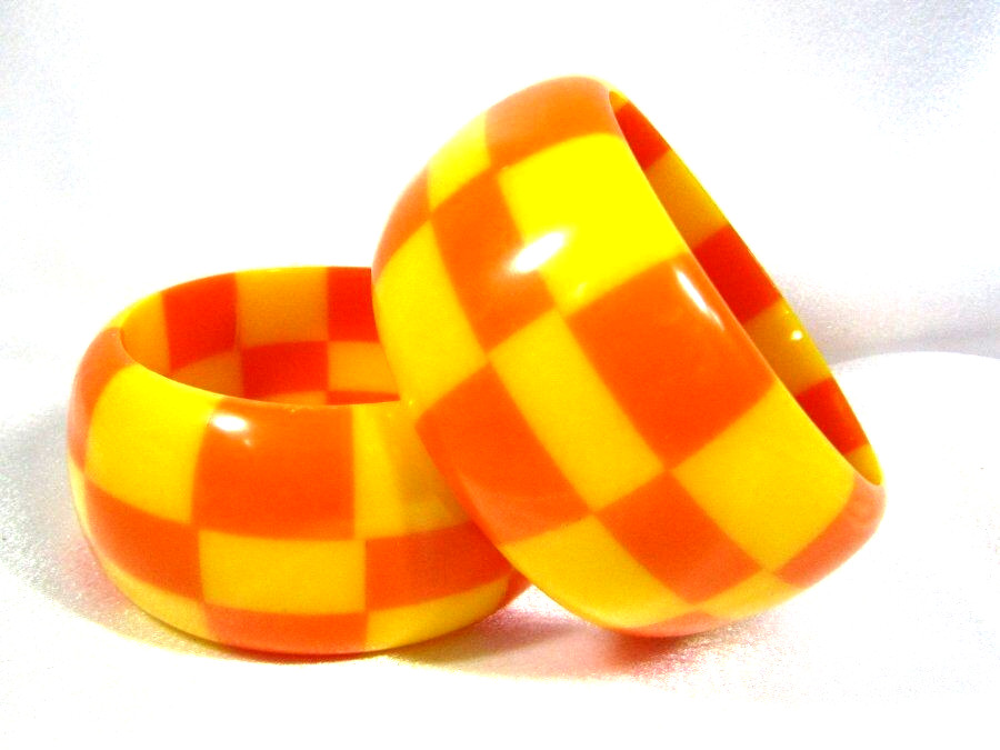 Lot of 2 Chunky Checker Board Checkered Orange Yellow Bangle Bracelets