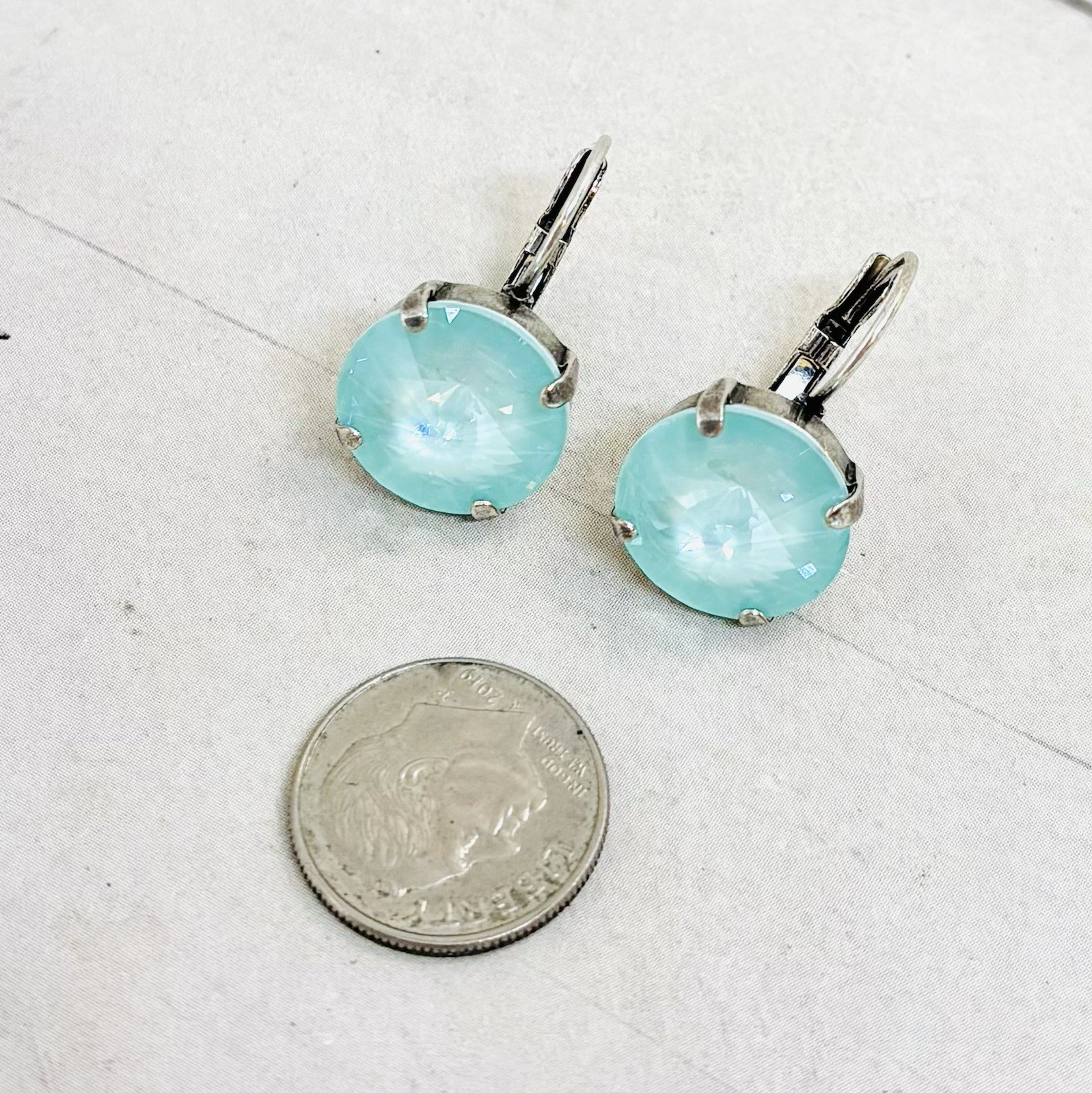Silver Plated Mint Green Drop Earrings are With 14mm Mint Green Stone