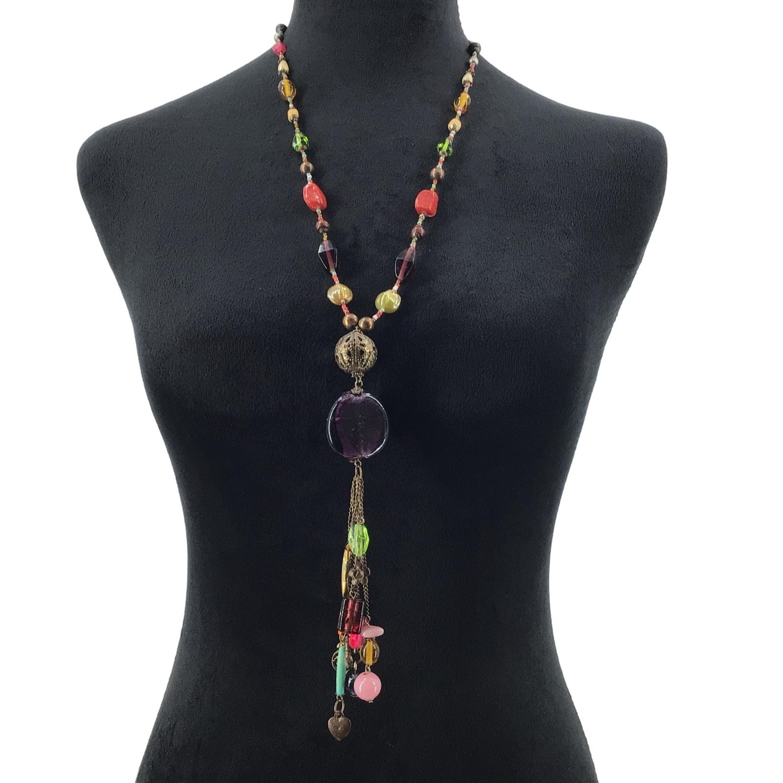 Tassel Necklace Mixed Glass Beads Purple Pink Blue Adjustable Length Casual Work