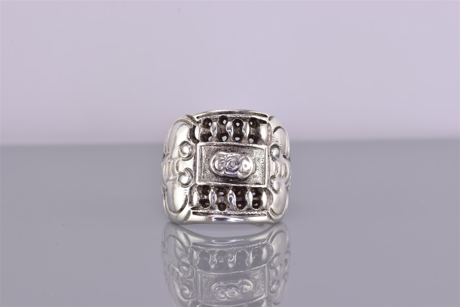 Sterling Silver Ornately Detailed Shield Split Band Ring 925 Adj Sz: 8