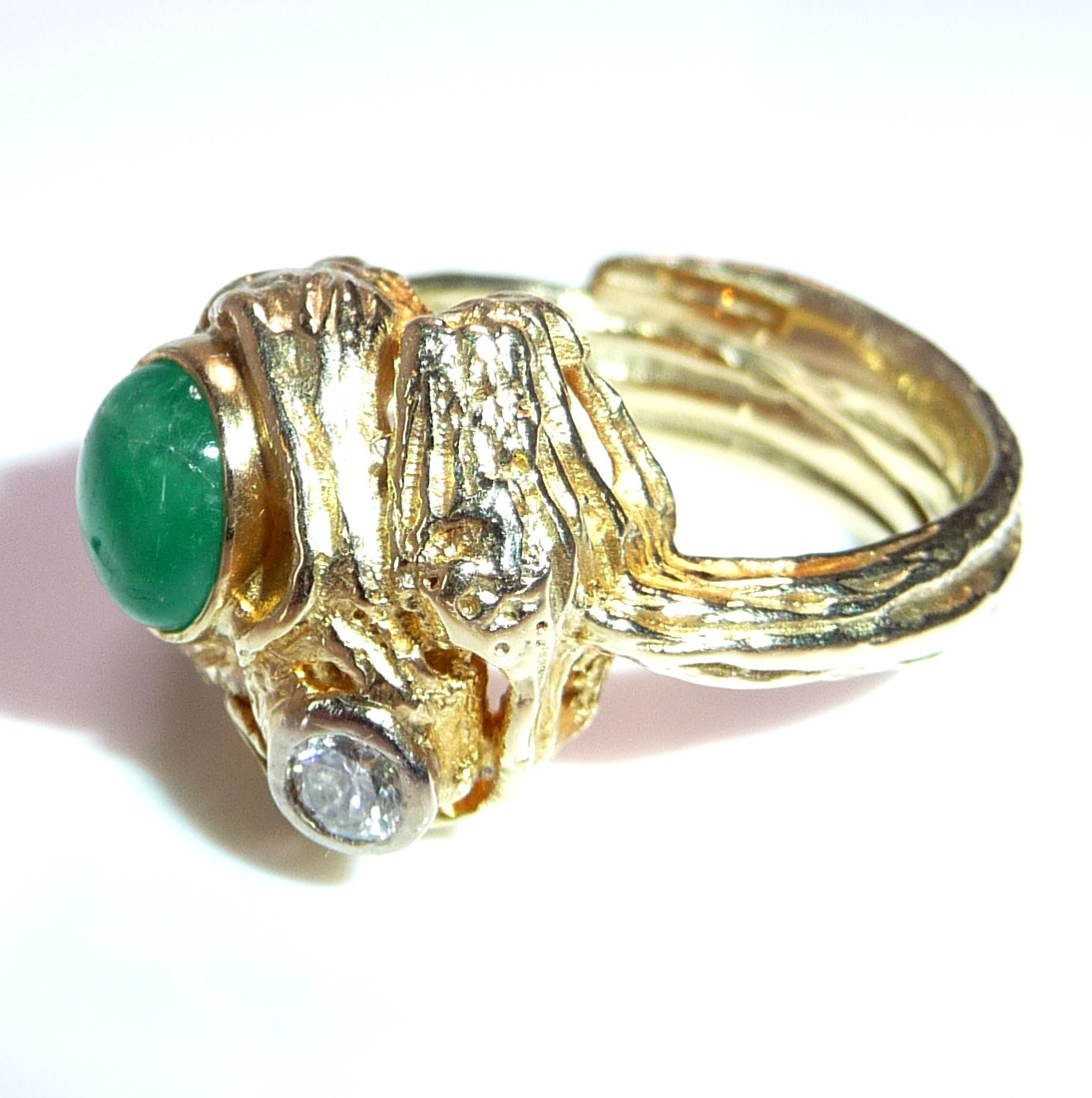 Designer Ring 585 Gold 0.12ct. Diamond Emerald Cabochon Size 54 / 17.2mm 8.65g
