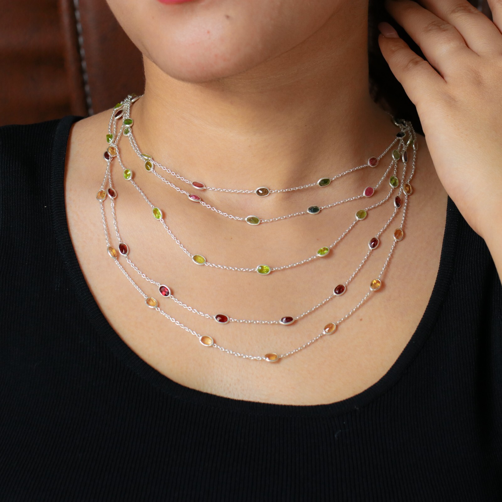 Multi-Color Tourmaline Bezel Set Station Necklace 925 Silver Summer Jewelry Gift