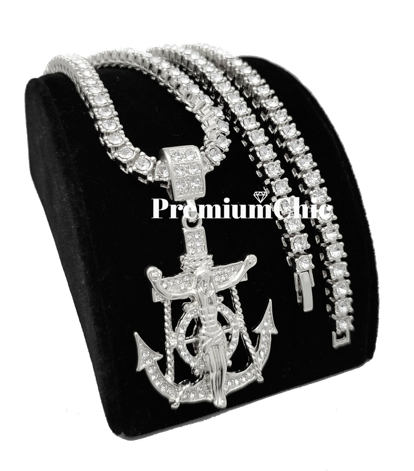 ICED Jesus Anchor & 5MM Tennis Chain Choker Plated Mens Hip Hop CZ Necklace
