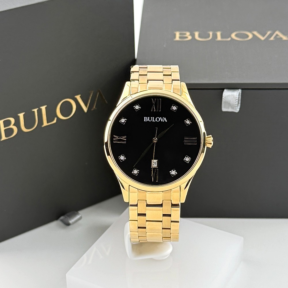 Men’s Bulova 97D108 Classic Diamond Quartz Gold Stainless Black Dial Watch 40mm