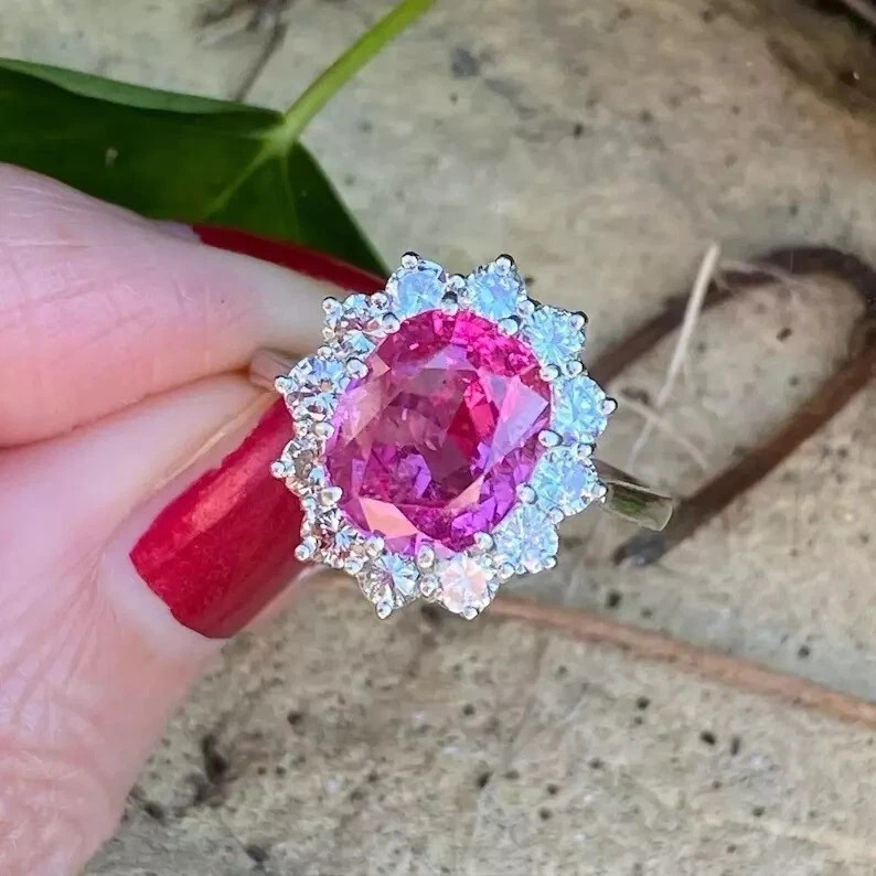 6.8 Ct Oval Cut Natural Pink Sapphire Diamond Wedding Ring 14K White Gold Size 7