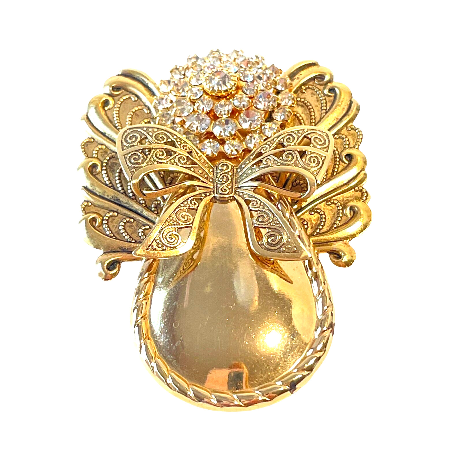 Large Artisan Angel Brooch Pendant – Rhinestone Head – Wings Bow w/ Hidden Cross