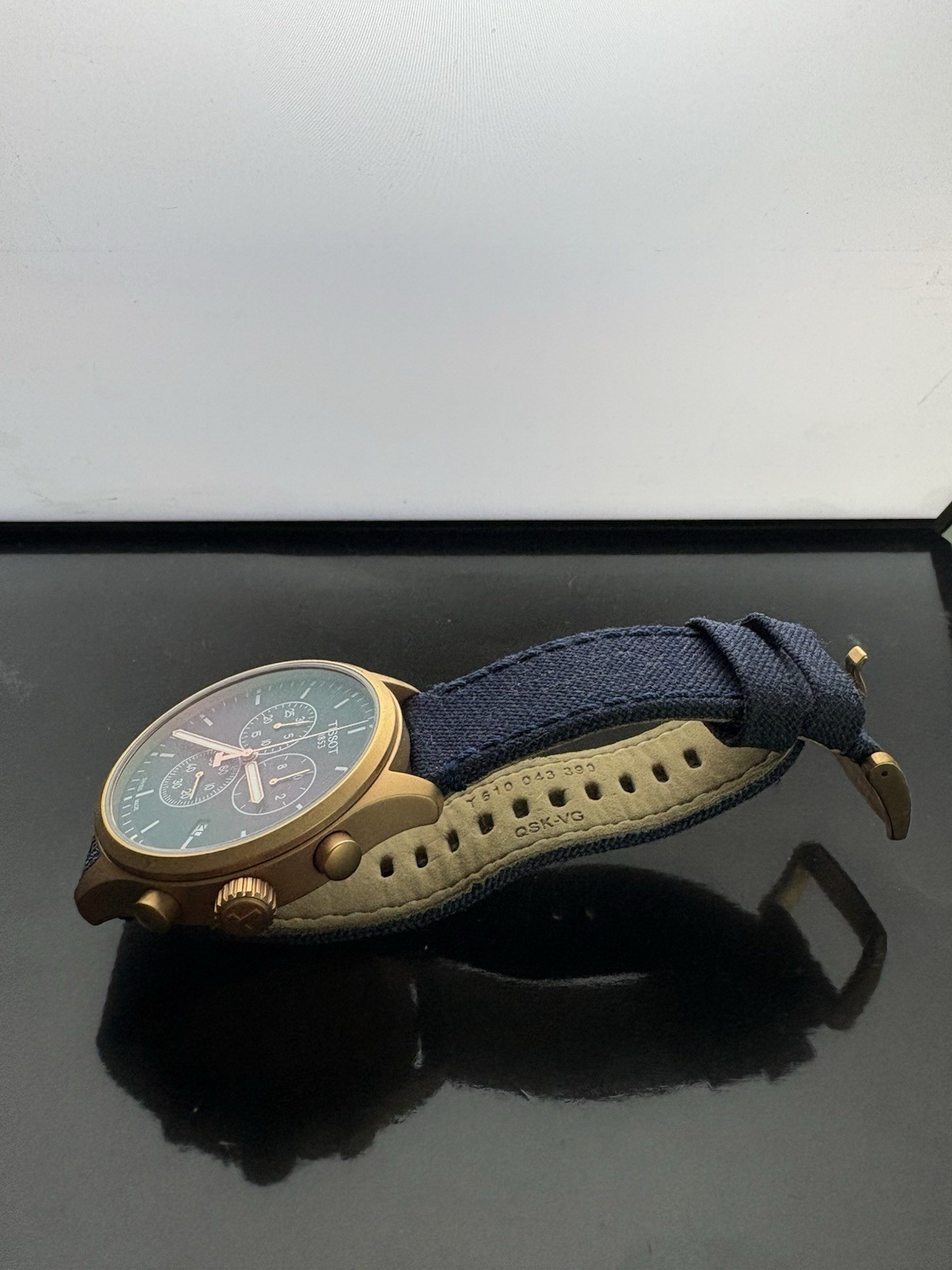 Tissot Chrono XL Blue Dial Chronograph Quartz 45mm 100m Gold Case Fabric