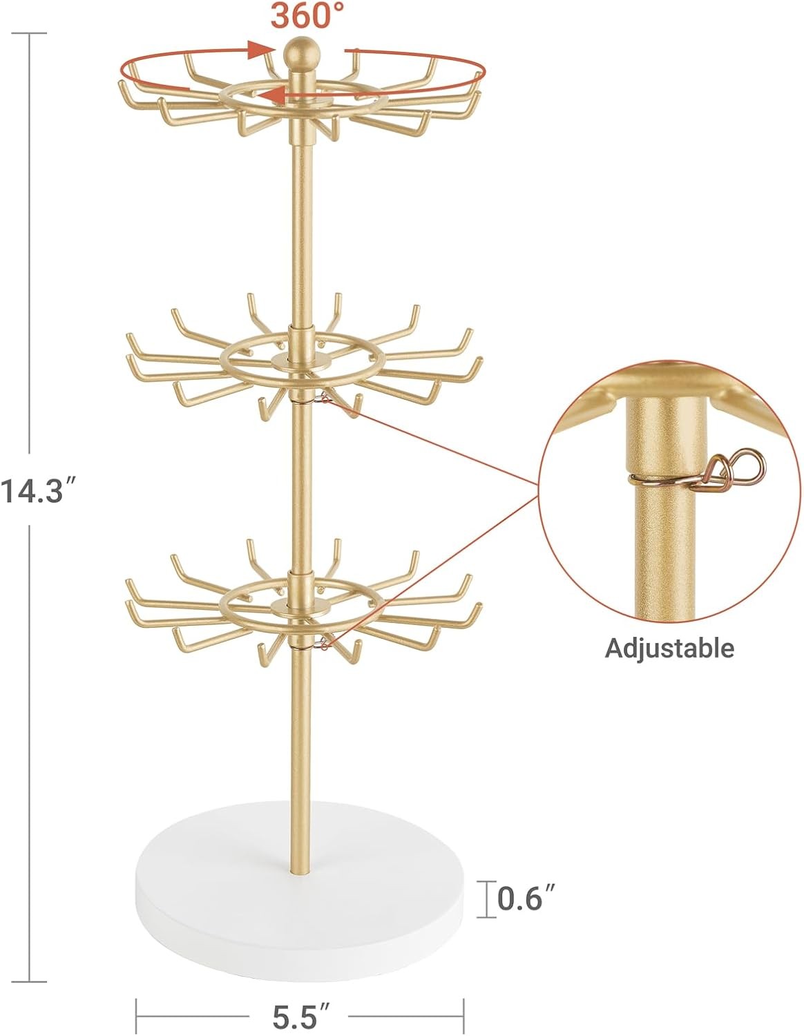 Gold Rotating Bracelet Stand 3 Tier 36 Hooks Wood Base, Jewelry Display Tower