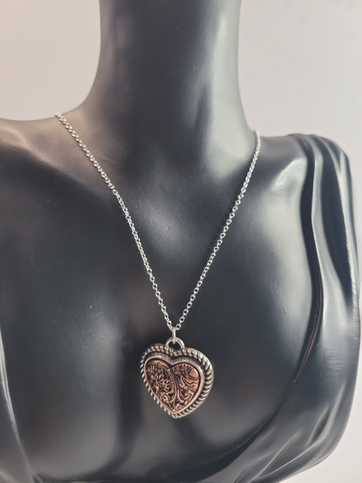 Western Heart Pendant Necklace Silver Tone Copper Floral Scroll Country Jewelry