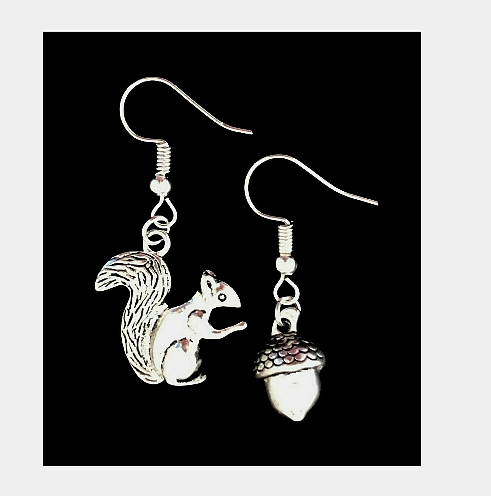 Antiqued Silver 3D Two Sided Squirrel Acorn Pierce Fishhook Dangle Earrings