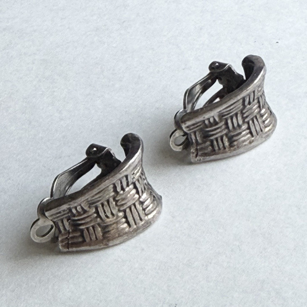 925 Sterling Silver Clip-On Huggie Earrings, Basket Weave Design, No Stone