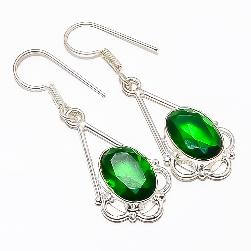 Emerald Quartz (Lab-Created) Gemstone 925 Silver Plated Earring 1.95″ TE7507-777