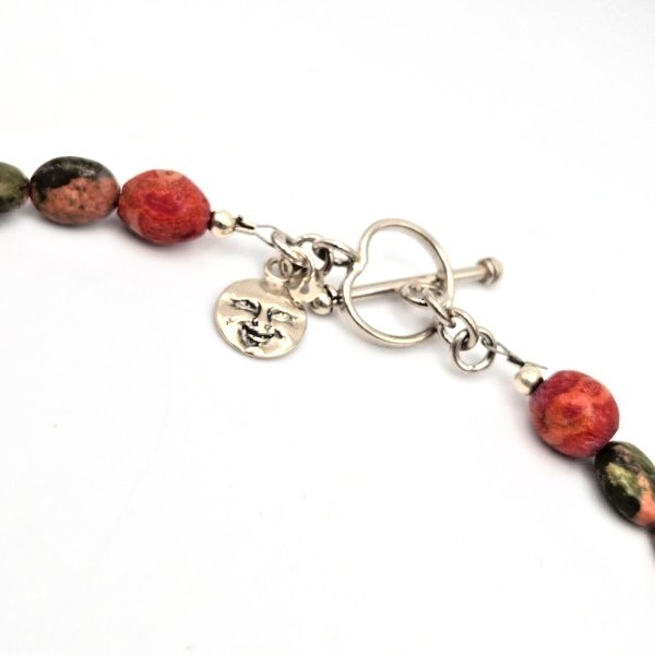 Artisan Crafted Genuine Unakite Coral and 925 Sterling Silver Necklace Handmade