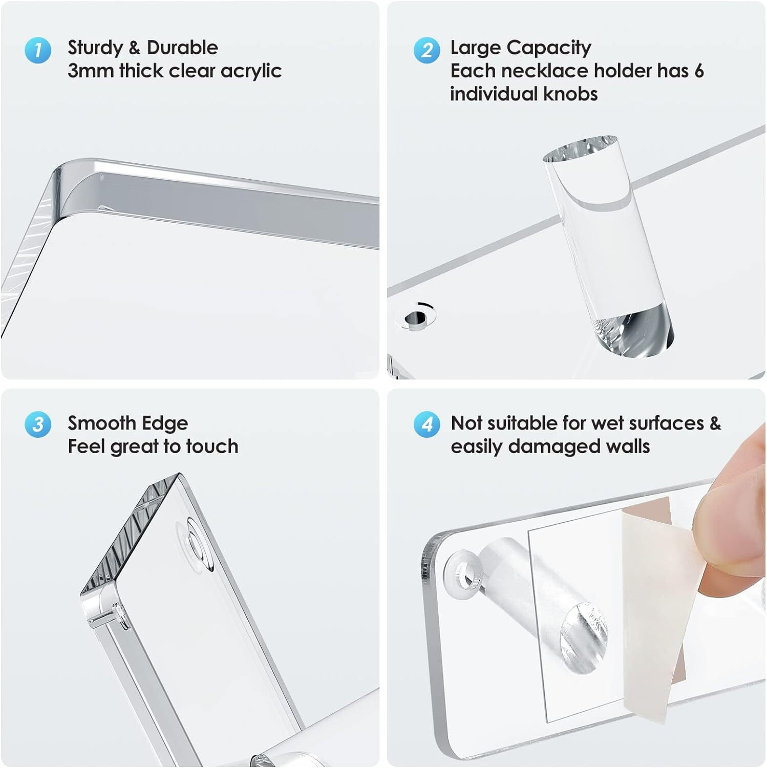 MaxGear Acrylic Necklace Holder 2 Pack, Wall 1″D x 11.3″W x 1.4″H, Clear
