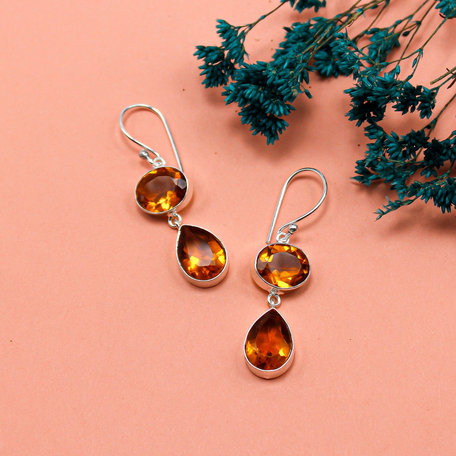 Citrine Gemstone 925 Sterling Silver Jewelry Handmade Boho Earrings For Women 2″