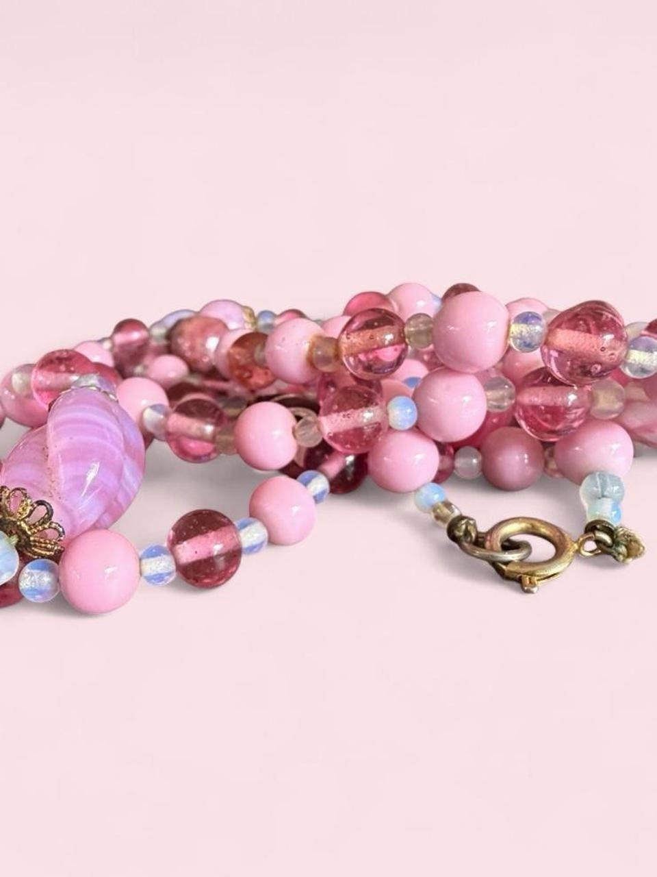 1950s Pink Art Glass Beaded Necklace 48” Hand Knotted Long Flapper Strand 108g
