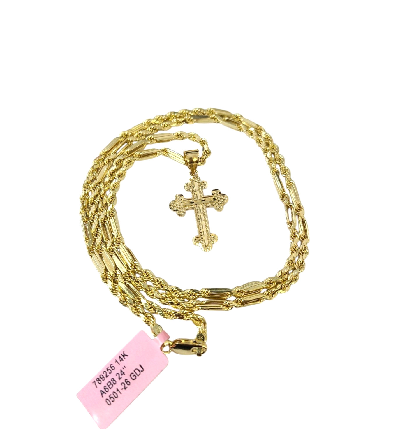 Real 14K Milano Rope Gold Chain Christ Cross Charm Set 3mm 18″–26″ Necklace