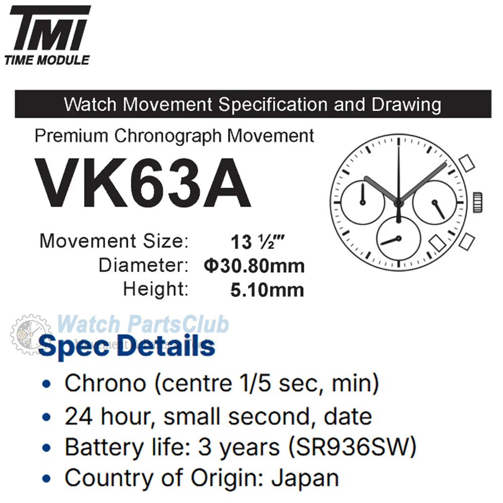 Japan VK63A Quartz Movement 24-Hour Date 3 o’clock Chronograph Watch Movement