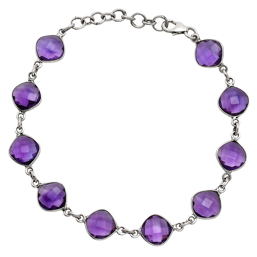 Premium Quality Amethyst Checker Briolette 925 Silver Bracelet Jewelry B-1001