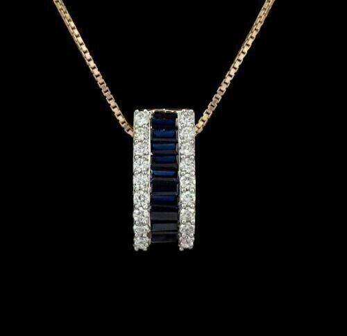3.Ct Baguette Cut Lab Created Blue Sapphire Pendant Chain 14K Yellow Gold Plated