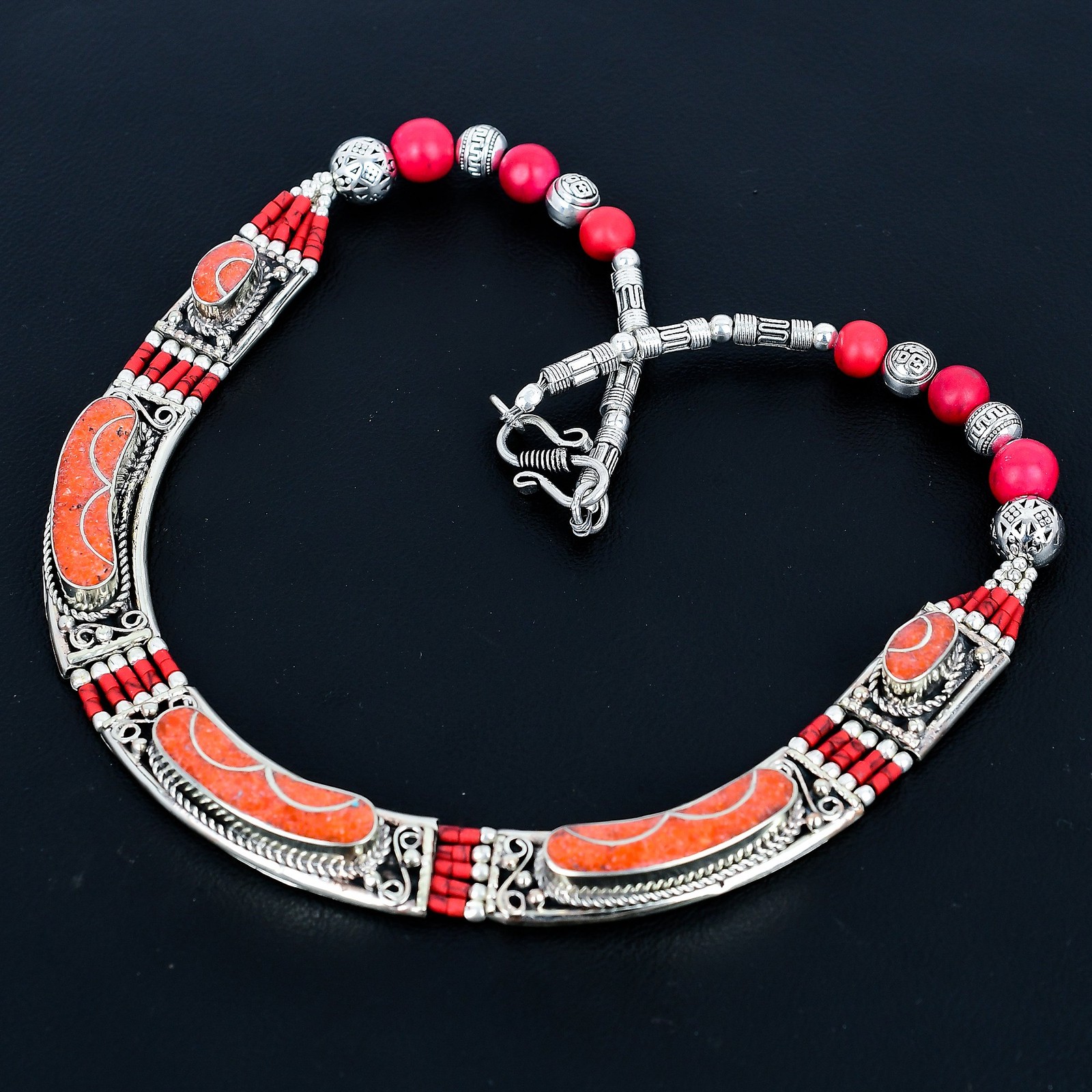 Red Coral 925 Sterling Silver Handmade Jewelry Nepali Tibetan Necklace 18″ PG95