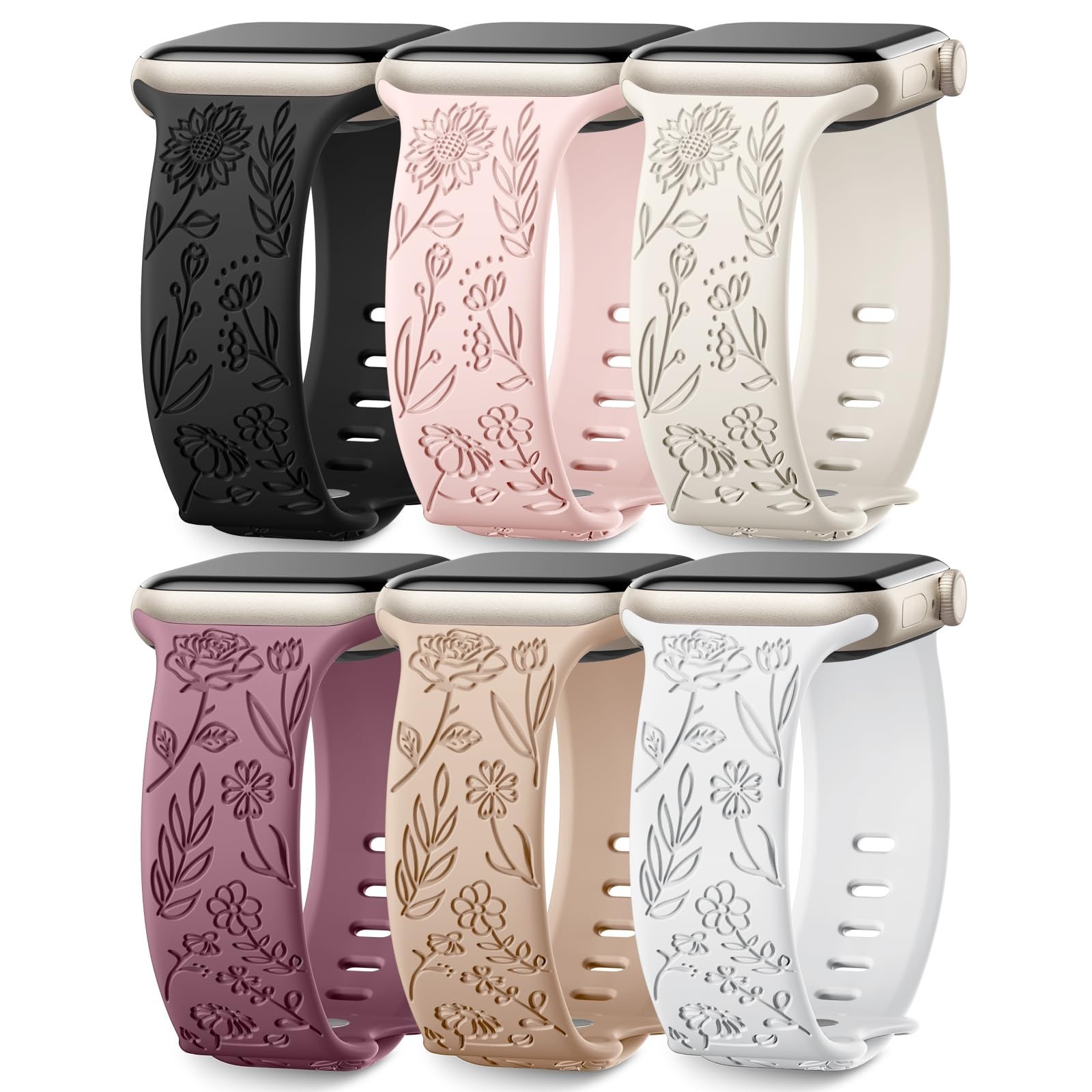 Floral Engraved Silicone Bands for Apple Watch 38mm-49mm, 6 Pack, Unisex Strap