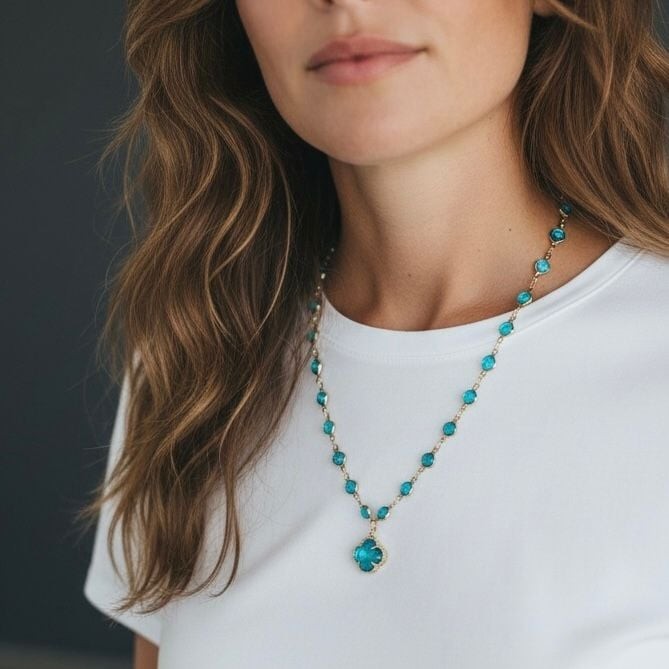 Gold Tone Blue Crystal Clover Station Beaded Necklace