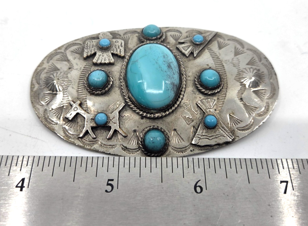 Vintage Navajo Style Fred Harvey Era Brooch Turquoise & Nickle Silver