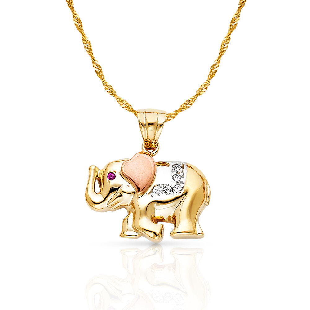 14K Tri Color Gold CZ Elephant Charm Pendant & 1.2mm Singapore Chain Necklace
